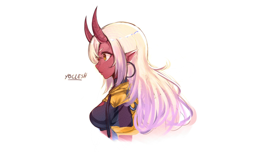 1girl, absurdres, akumi_(yoclesh), colored_skin, cropped_hoodie, earrings, from_side, hair_between_eyes, highres, hood, hoodie, hoop_earrings, horns, indie_virtual_youtuber, jewelry, long_hair, oni, pointy_ears, red_horns, red_oni, red_skin, scar, scar_on_face, scar_on_horns, skin-covered_horns, solo, upper_body, virtual_youtuber, white_background, white_hair, yellow_eyes, yimles