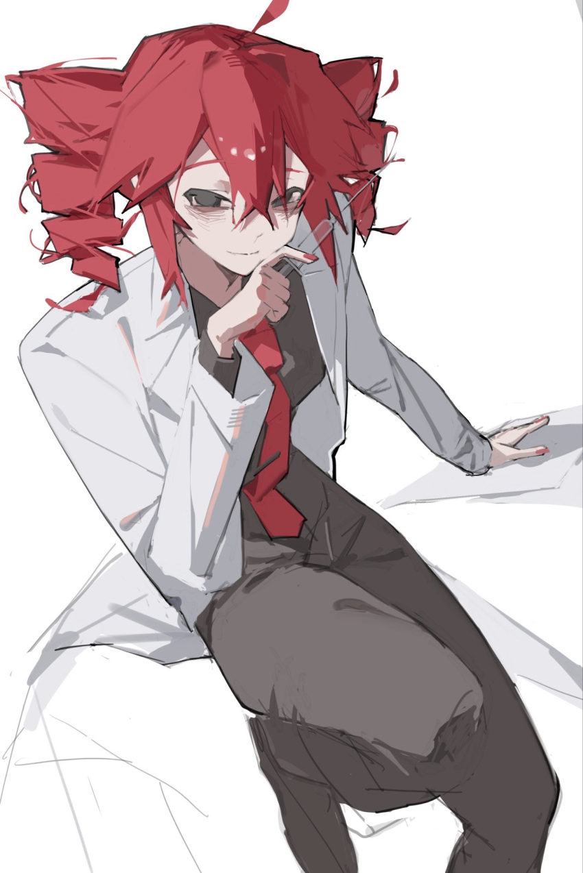 black_eyes, coat, commentary_request, doctor, drill_hair, highres, holding, holding_syringe, igaku_(utau), kasane_teto, lab_coat, looking_at_viewer, nail_polish, necktie, red_hair, red_necktie, rui_60, smile, syringe, twin_drills, white_background, white_coat
