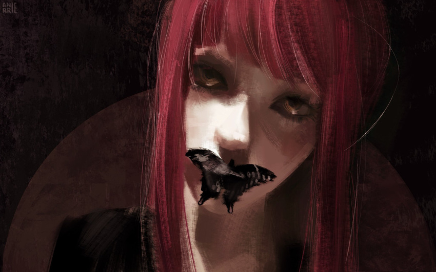 1girl, animal_on_face, anirrie, black_shirt, bug, butterfly, chainsaw_man, commentary