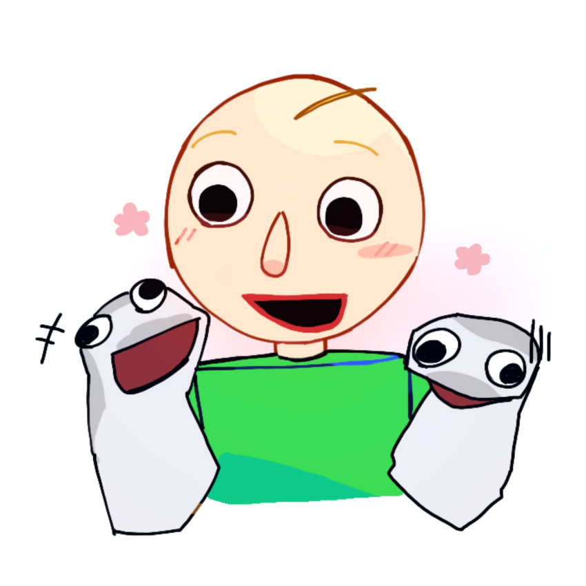 +++, 3boys, :d, arts_and_crafters, bald, baldi, baldi's_basics, blush, blush_stickers, commentary_request, green_shirt, happy, highres, male_focus, multiple_boys, puppet, shirt, silk_ross, smile, sock_puppet, socks, white_background, white_socks