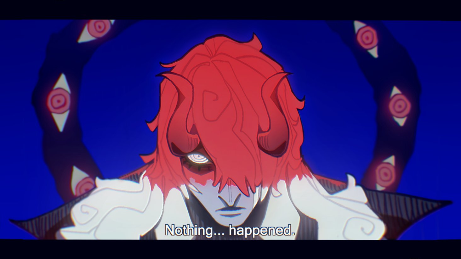 1boy, blue_background, closed_mouth, commentary, english_text, extra_eyes, hair_over_one_eye, horns