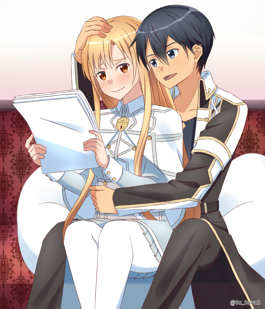 1boy, 1girl, artist_name, asuna_(sao), asuna_(stacia)_(sao), black_hair, black_pants, blau_jack