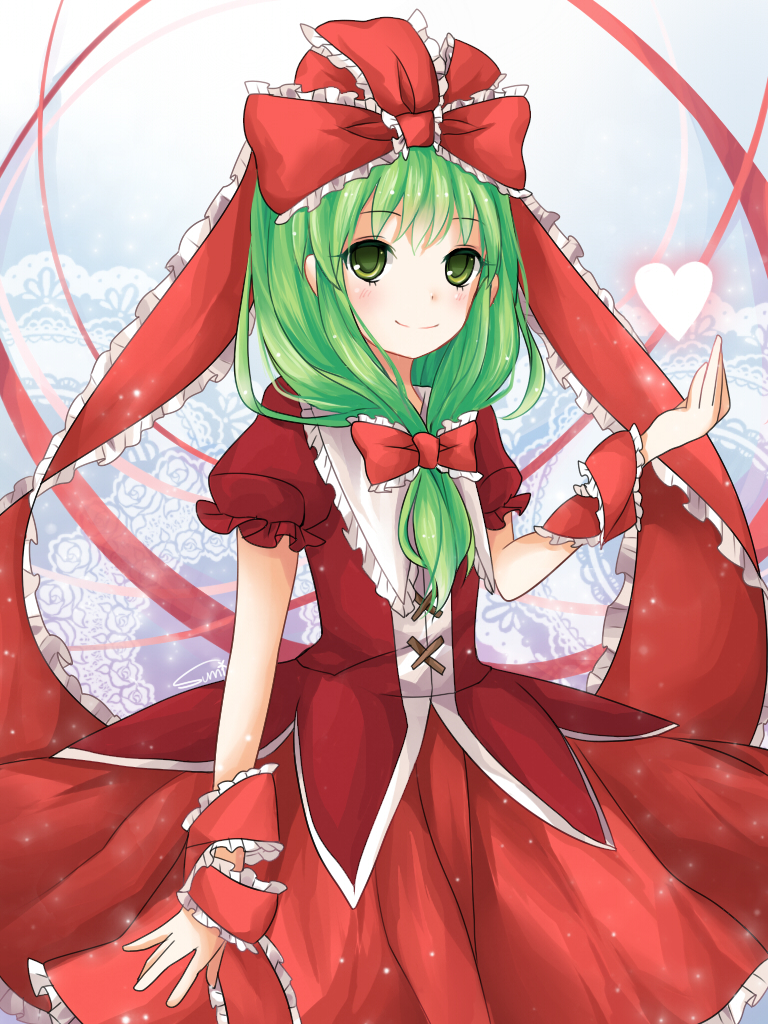 bow, dress, frills, front_ponytail, green_eyes, green_hair, hair_bow, hair_ribbon