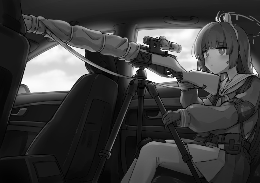 1girl, absurdres, aiming, animal_ears, belt_pouch, blue_archive, bolt_action, car_interior, car_seat, chest_harness, commentary_request, fake_animal_ears, feet_out_of_frame, gloves, greyscale, gun, halo, harness, headset, highres, knee_pads, long_hair, miniskirt, miyano_apsis, miyu_(blue_archive), monochrome, mosin-nagant, pantyhose, pouch, rabbit_ears, rifle, sailor_collar, school_uniform, scope, serafuku, single_knee_pad, sitting, skirt, sniper_rifle, solo, tripod, weapon