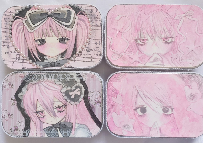 1other, a-chan_(meidodown), animal, black_bow, black_bowtie, black_eyes, blush, bow, bowtie, censored, censored_identity, closed_mouth, commentary_request, english_text, flower, frills, gem, heart, highres, knife, long_hair, meidodown, musical_note, object_request, original, other_focus, pearl_(gemstone), photo_(medium), pink_background, pink_bow, pink_eyes, pink_flower, pink_hair, pink_ribbon, rabbit, ribbon, scribble_censor, star_(symbol), striped_background, sweat, twintails, two-tone_background, white_background, white_flower