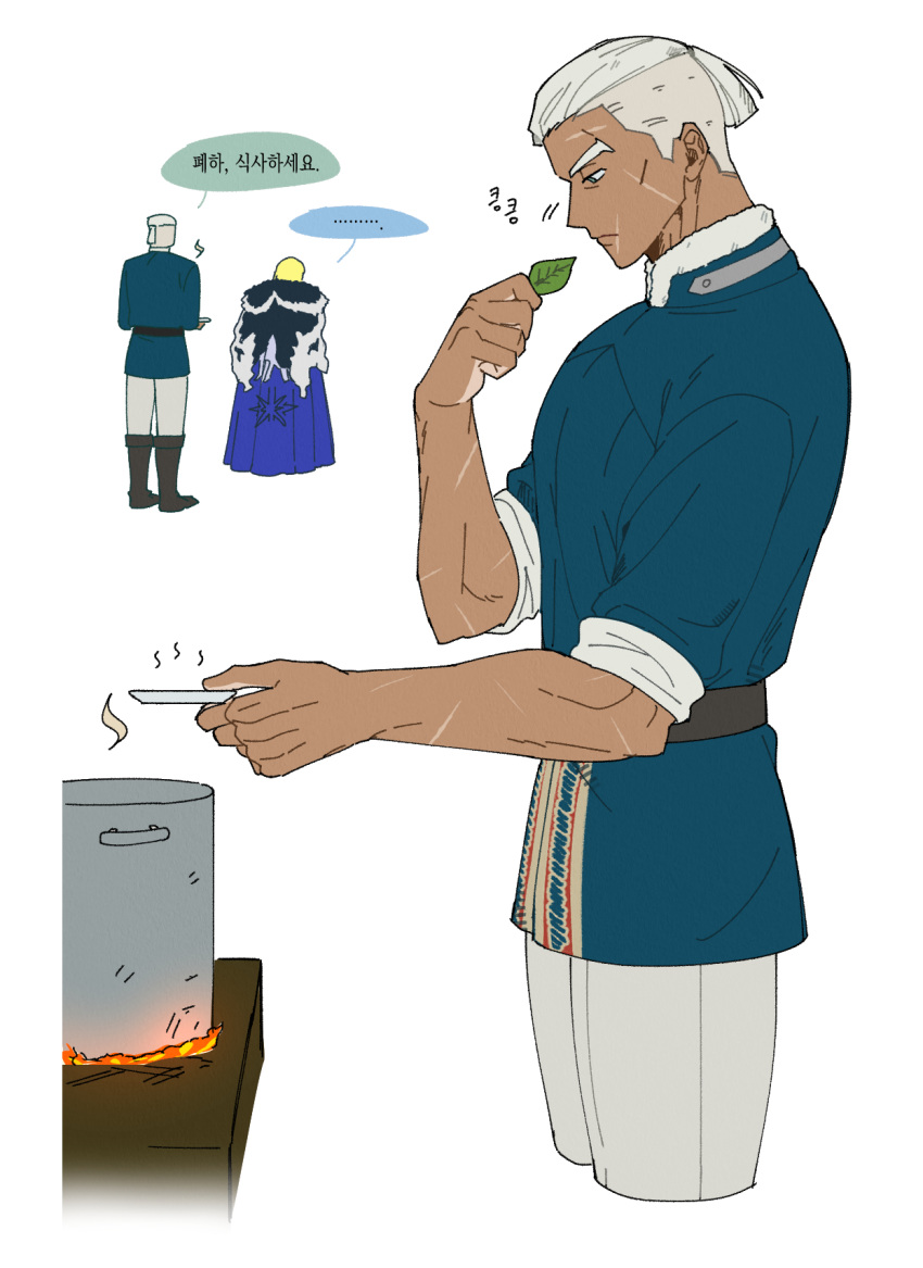 ..., 2boys, belt, blonde_hair, blue_tunic, brown_belt, commentary_request, cooking