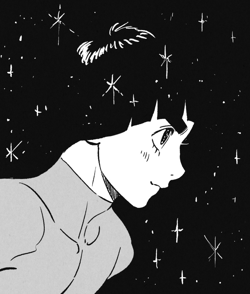 1boy, black_background, blunt_bangs, blush, closed_mouth, commentary_request, covered_collarbone, dutch_angle