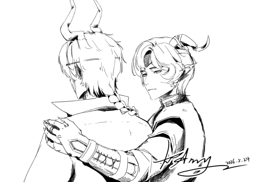 2boys, angert_(infinity_nikki), arm_warmers, armor, belt_buckle, belt_collar, braid, buckle