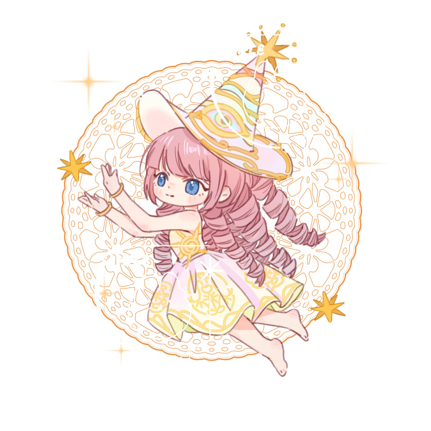 1girl, absurdres, bare_arms, bare_shoulders, barefoot, blue_eyes, blunt_bangs, bracelet, chibi, chinese_commentary, commentary_request, covenant_of_time_(infinity_nikki), disembodied_eye, dress, drill_hair, eyelashes, floating, floral_background, gold_bracelet, happy, hat, hat_ornament, hexagram, highres, infinity_nikki, instantaneousness, jewelry, lace_background, long_hair, looking_at_object, medium_dress, multicolored_hat, nikki_(series), official_alternate_color, pink_dress, pink_hair, pleated_dress, rainbow_gradient, rainbow_hat, reaching, solo, sparkle, star_(symbol), star_hat_ornament, two-tone_dress, very_long_hair, watermark, white_background, wizard_hat, yellow_dress