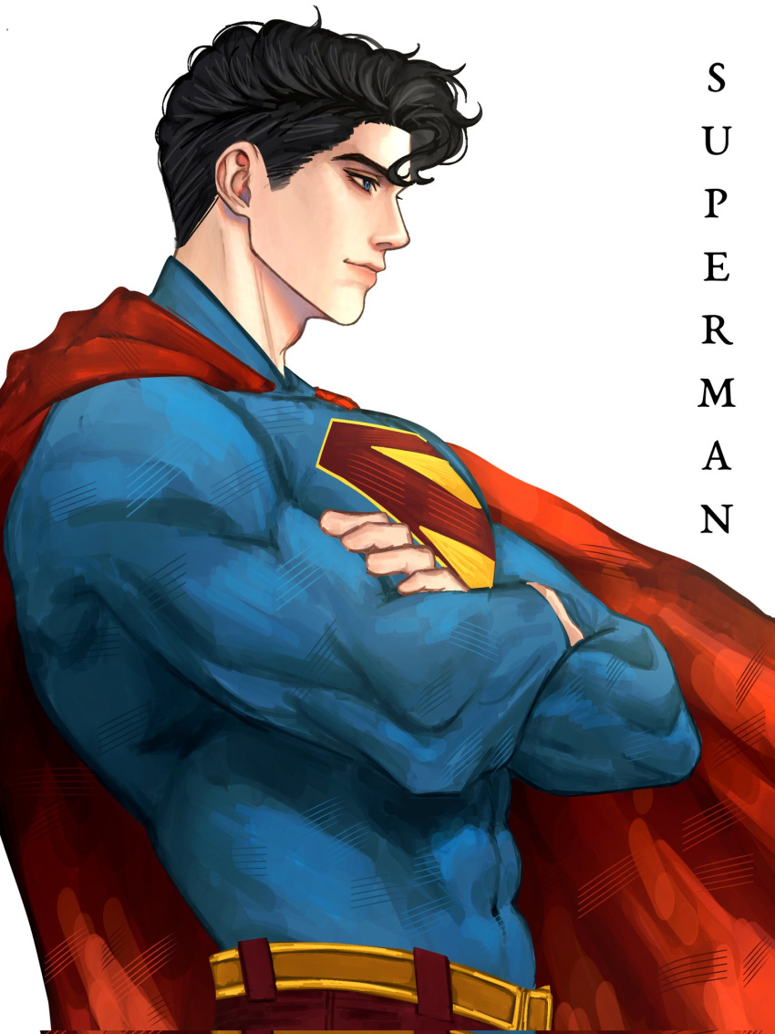1boy, belt, black_hair, blue_eyes, briefs, cape, character_name, clark_kent, closed_mouth, commentary, covered_abs, cowboy_shot, crossed_arms, dc_comics, from_side, highres, male_focus, male_underwear, muscular, muscular_male, profile, red_cape, short_hair, short_sideburns, sideburns, sieudeptrai08, simple_background, smile, solo, superhero_costume, superman, superman_(series), superman_logo, underwear, white_background, yellow_belt