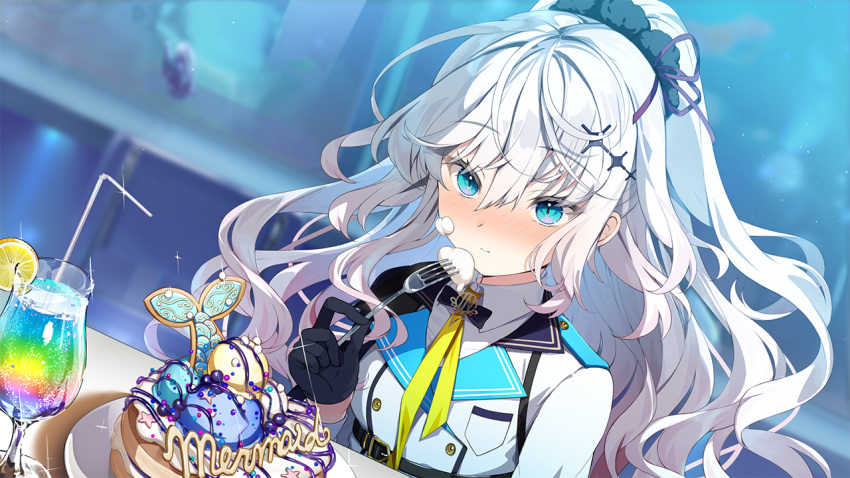 1girl, blue_eyes, blush, dimension_totsu_lovers!!, eating, fork, game_asset, hair_ornament