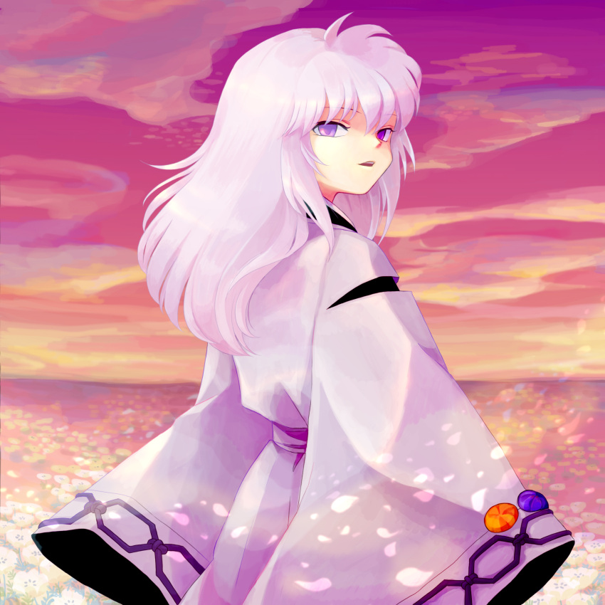 androgynous, flower, flower_field, hakudoushi, highres, inuyasha, japanese_clothes, lavender_hair
