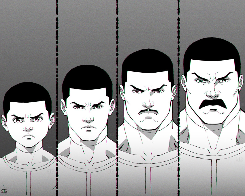 1boy, age_progression, artist_logo, artist_name, black_hair, buzz_cut, commentary, english_commentary