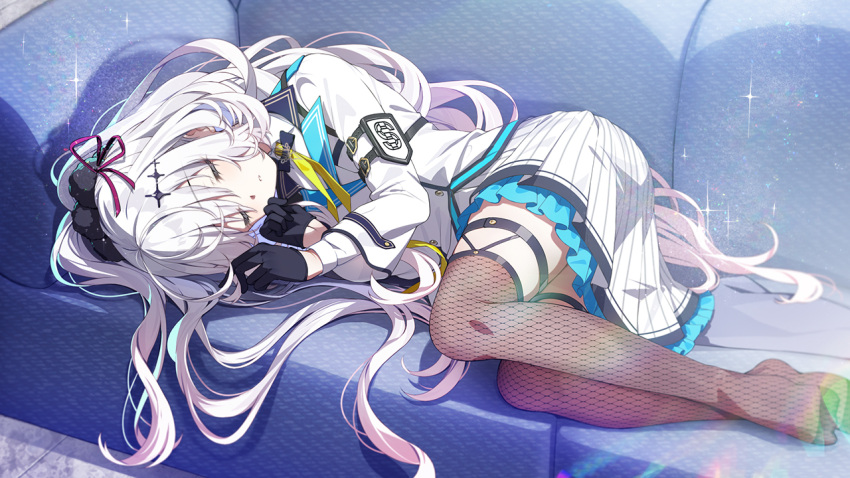 1girl, closed_eyes, couch, dimension_totsu_lovers!!, game_asset, garter_belt, hair_ornament, hair_ribbon