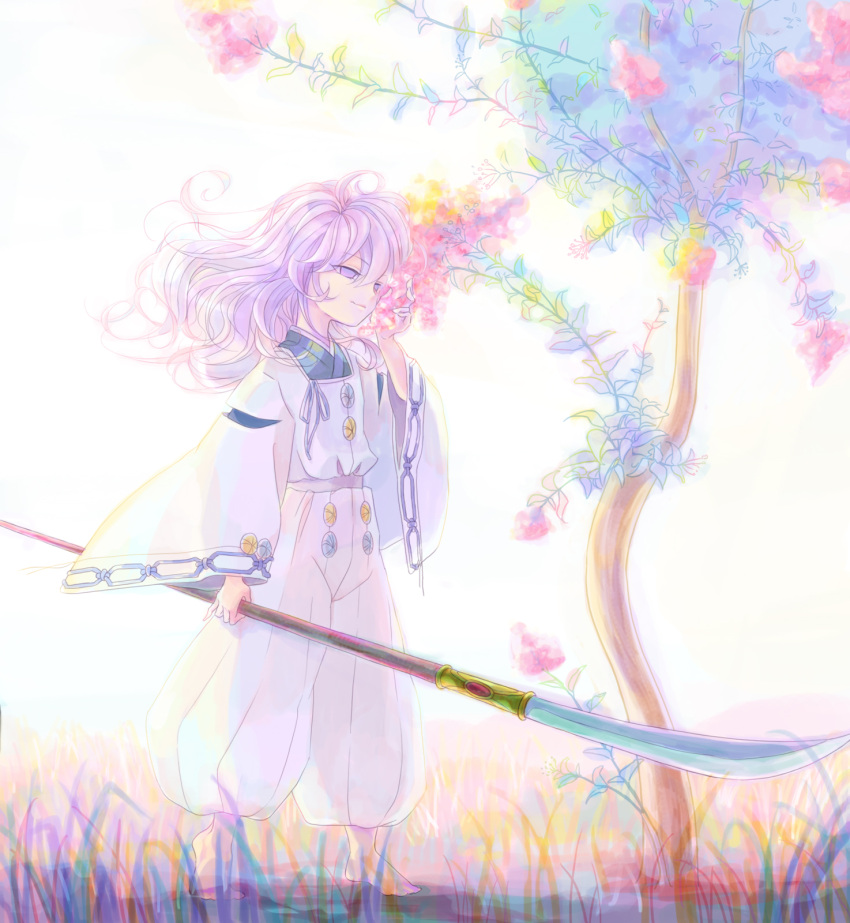 barefoot, empty_eyes, flower, hakudoushi, highres, inuyasha, japanese_clothes, lavender_hair, long_hair, male, oroshigane, pale_color, pale_colors, purple_eyes, solo, standing, violet_eyes, weapon, wide_sleeves