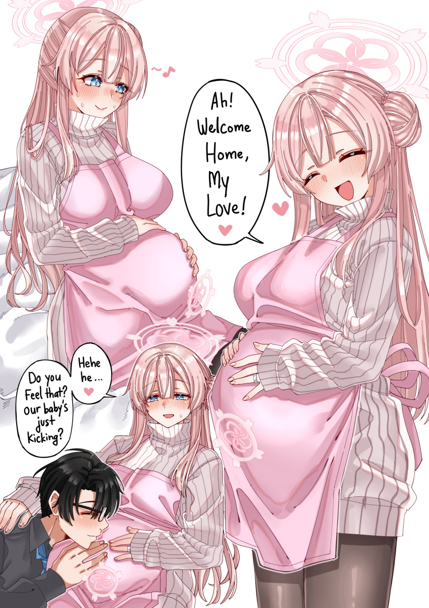 1boy, 1girl, absurdres, apron, big_belly, black_hair, black_pantyhose, blue_archive