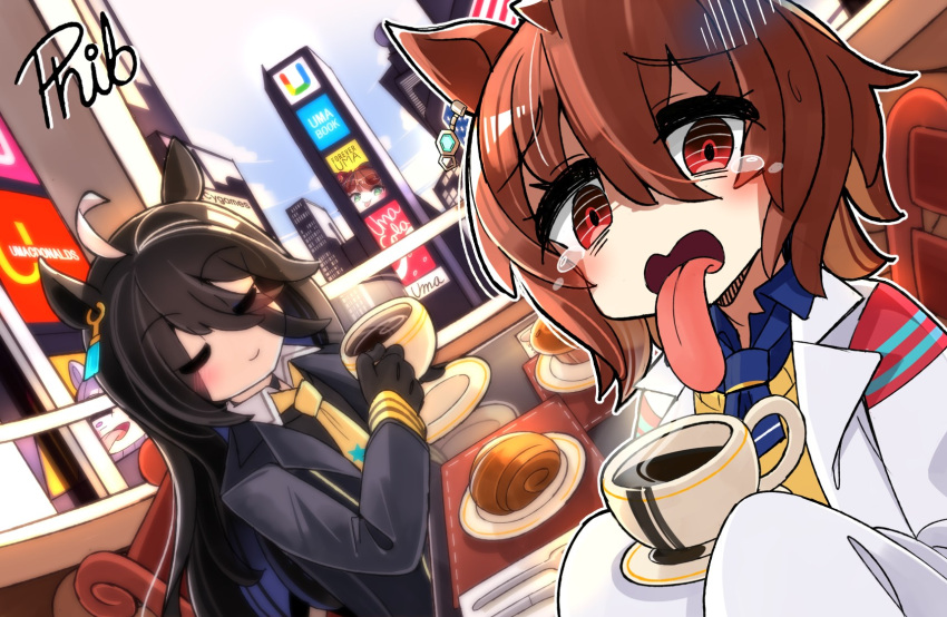 2girls, agnes_tachyon_(tach-nology)_(umamusume), agnes_tachyon_(umamusume), animal_ears, brand_name_imitation, coca-cola, coffee, croissant