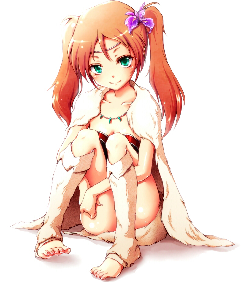 ayame_(inuyasha), barefoot, flower, fur, hair_flower, hair_ornament, inuyasha, jewelry, kin'iro_nyanko, kin'iro_nyanko, leg_warmers, looking_at_viewer, necklace, simple_background, sitting, solo, toeless_socks, twintails, water_drop