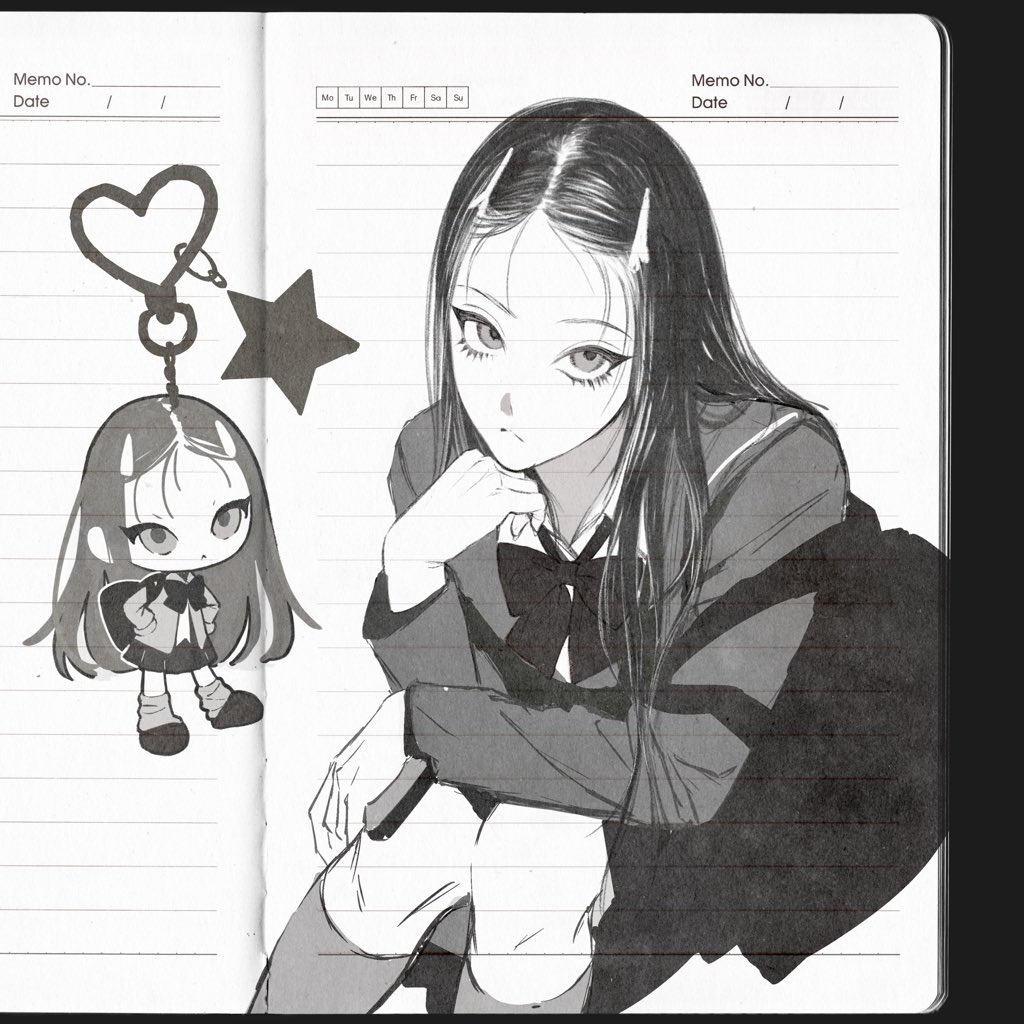 1girl, arm_on_knee, bag, bow, bowtie, cardigan, character_charm, charm_(object)