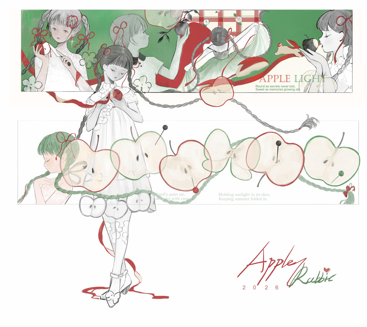 1girl, 2026, absurdly_long_hair, apple, apple_rabbit, apple_slice, apple_tree, artist_name