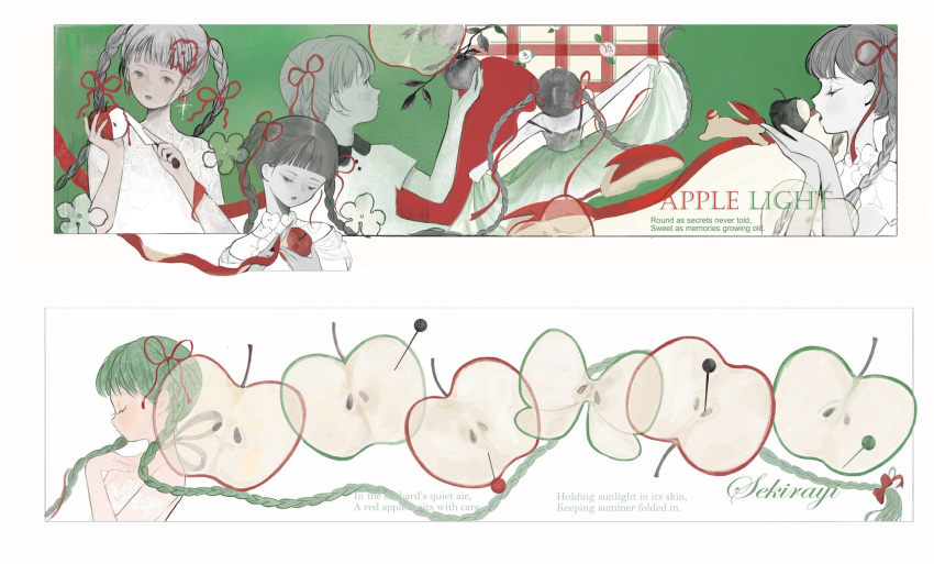 1girl, absurdly_long_hair, apple, apple_rabbit, apple_slice, apple_tree, artist_name, bitten_apple