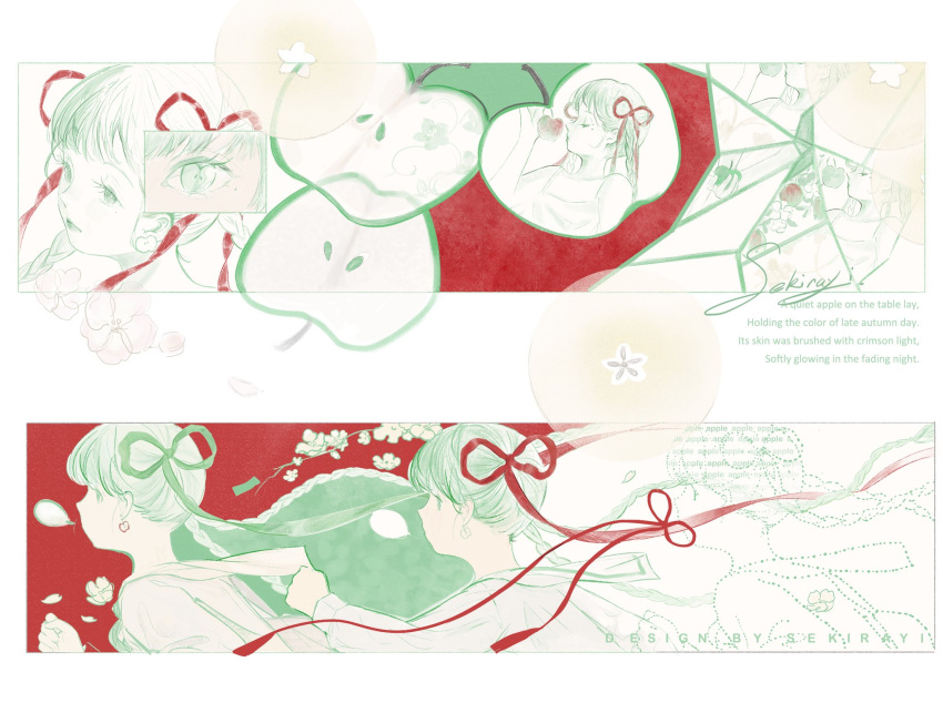 1girl, apple, apple_blossoms, apple_earrings, blunt_bangs, border, braid, clenched_hand