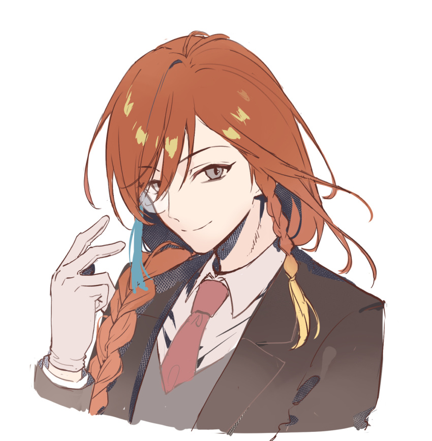 1boy, braid, closed_mouth, commentary_request, cropped_torso, gloves, gradient_hair, grey_eyes