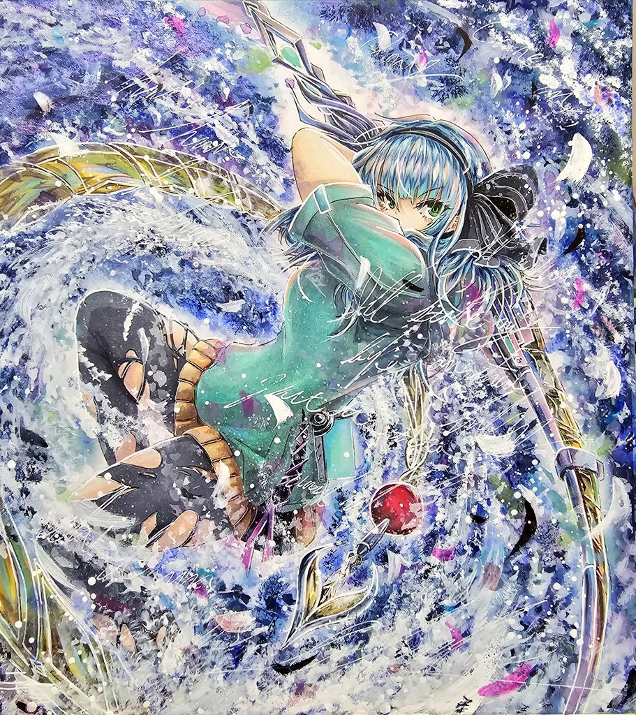 1girl, aged_up, akagi_rumi, aqua_hoodie, black_bow, black_hairband, black_pantyhose, blue_hair