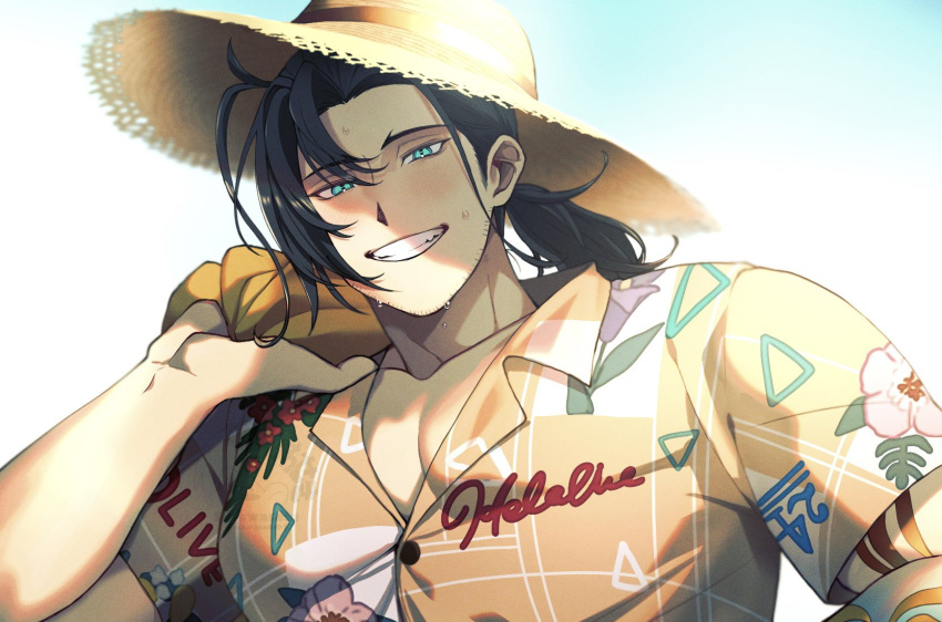 1boy, alternate_hairstyle, aqua_eyes, arm_tattoo, beard_stubble, black_hair, collared_shirt, commentary
