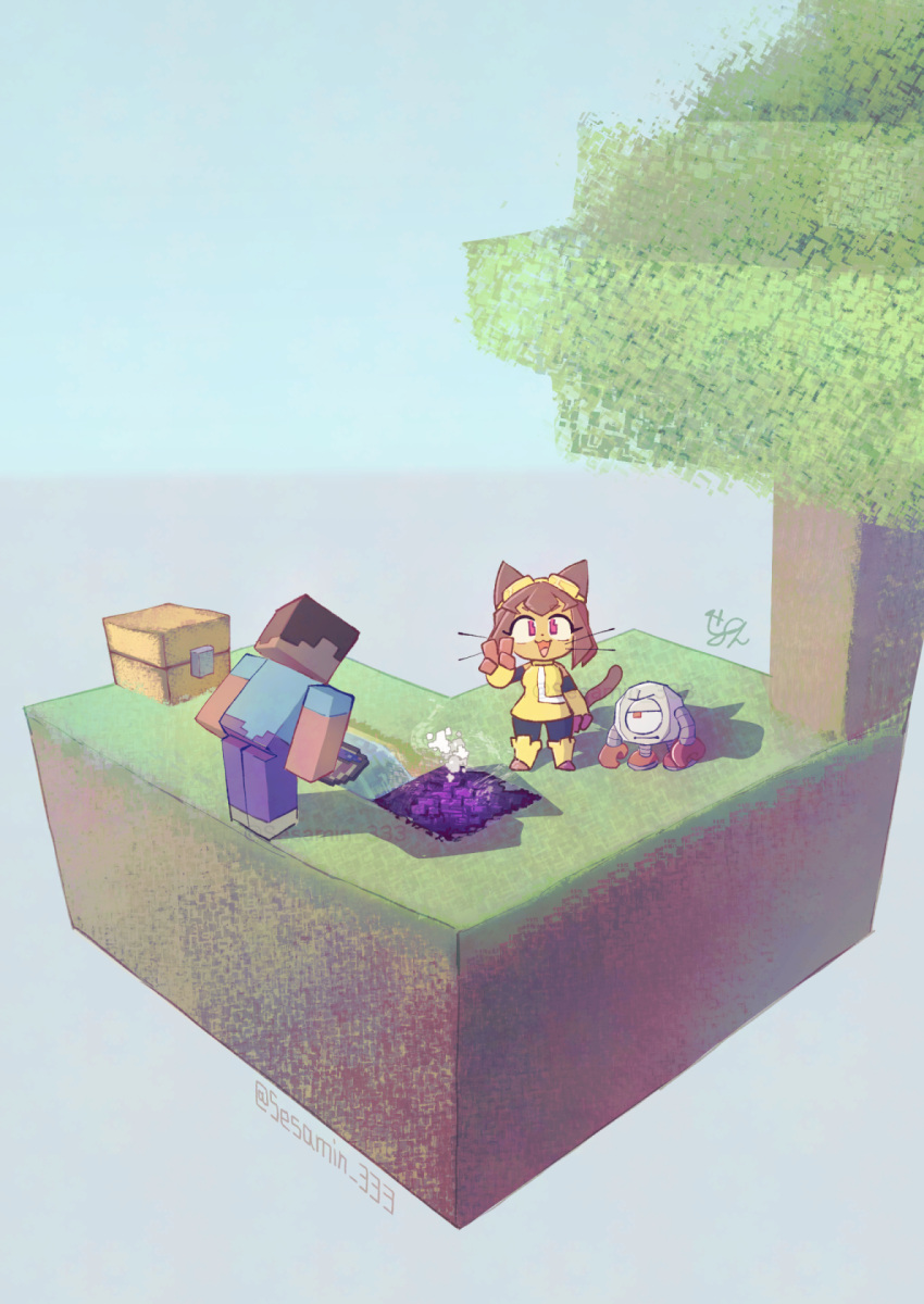 1girl, 2boys, :d, animal_ears, blue_shirt, breasts, brown_hair, bucket, cat_ears, cat_girl, cat_tail, cobblestone_generator, commentary, dress, english_commentary, furry, furry_female, gameoverse, goggles, goggles_on_head, highres, holding, holding_bucket, kaboodle_(gameoverse), kit_bodega, looking_at_viewer, minecraft, multiple_boys, obsidian_(gemstone), obsidian_rock, open_mouth, pants, purple_pants, sesamin_(sesamin_333), shirt, signature, skyblock, smile, steve_(minecraft), tail, treasure_chest, tree, twitter_username, v, violet_eyes, water, whiskers, yellow_dress, yellow_gauntlets