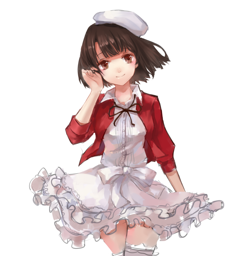 1girl, beret, bi_ge_xing, bow, brown_eyes, brown_hair, buttons, closed_mouth