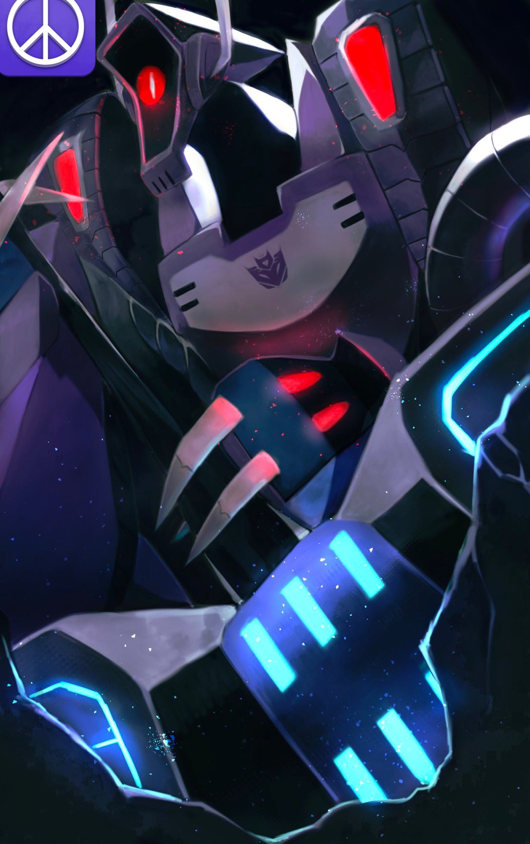 claws, commentary, decepticon, glowing, glowing_eyes, hammer, highres, insignia