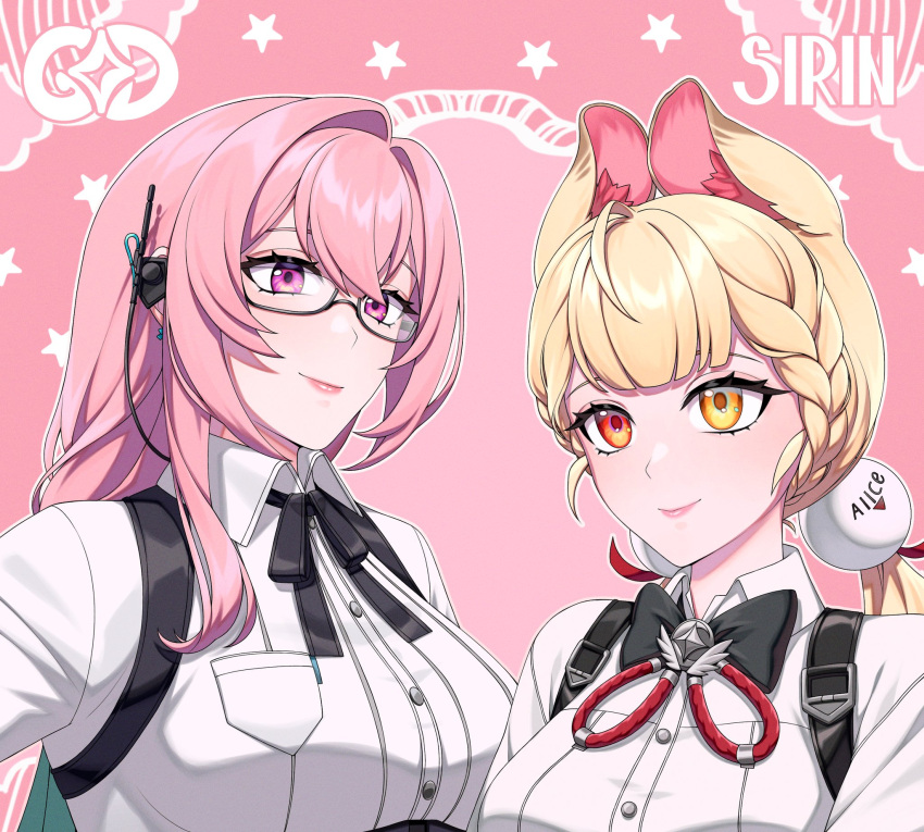2girls, alice_thymefield, animal_ears, artist_name, blonde_hair, braid, breasts, glasses