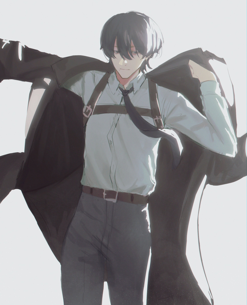 1boy, absurdres, belt, black_coat, black_hair, black_necktie, black_pants, brown_belt