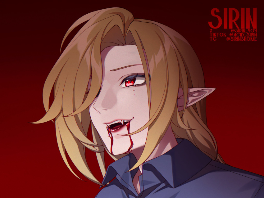 1boy, artist_name, blonde_hair, blood, blood_on_face, blue_shirt, hair_over_one_eye, heterochromia