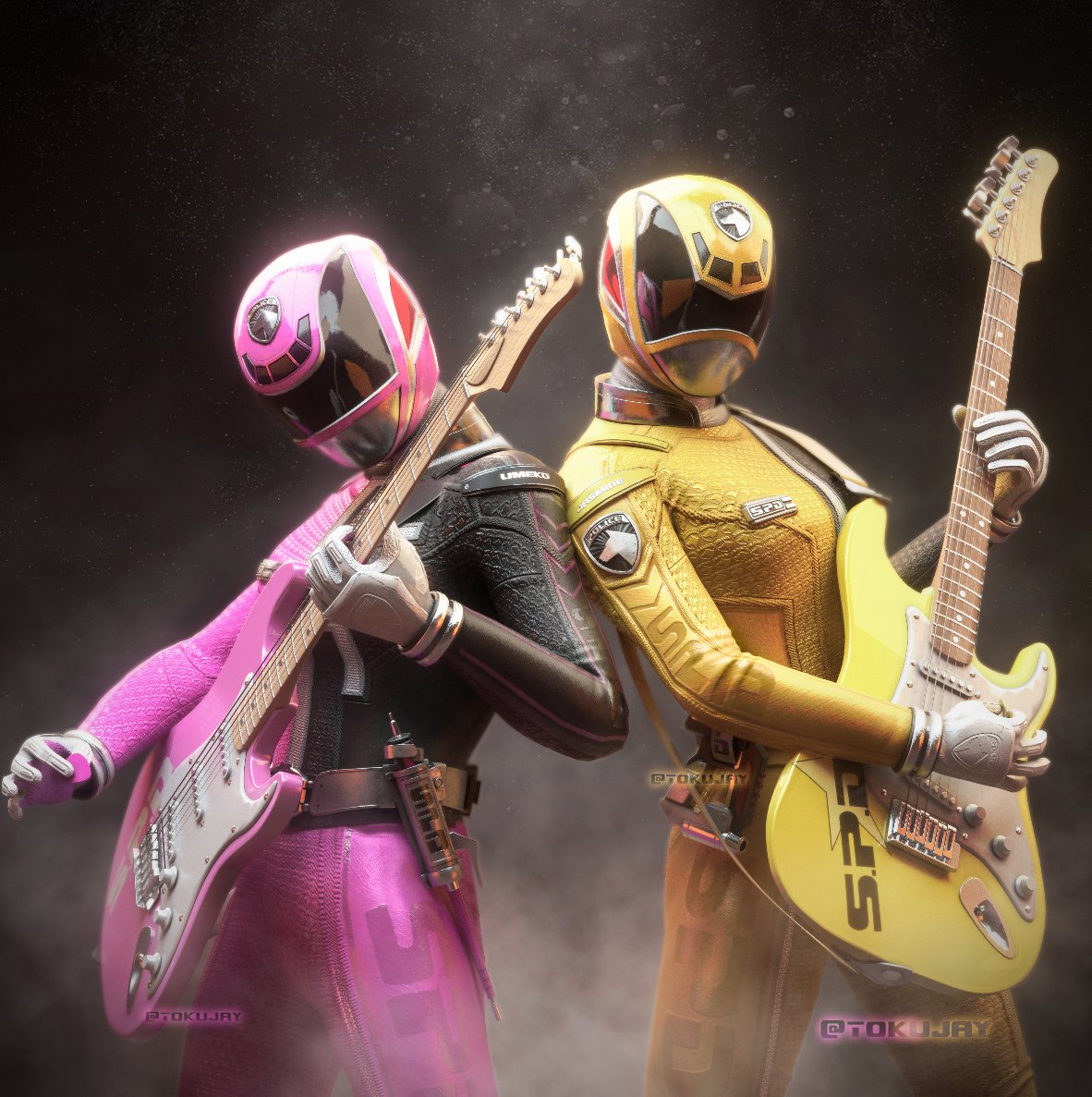 2girls, badge, bodysuit, dekapink, dekayellow, gloves, guitar, helmet