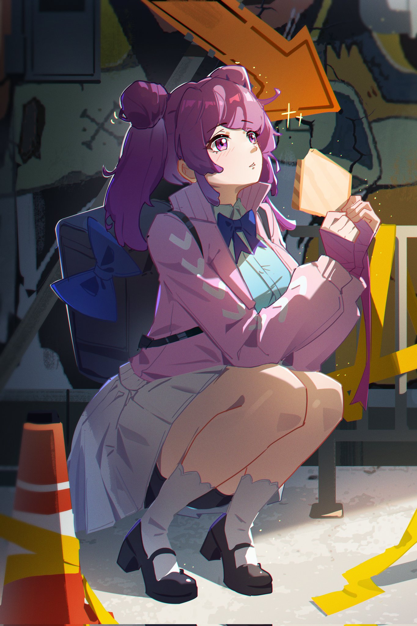 1girl, alley, black_shoes, bleach, bleach:_the_high_school_warfare, blue_bow, blue_bowtie, blue_shirt