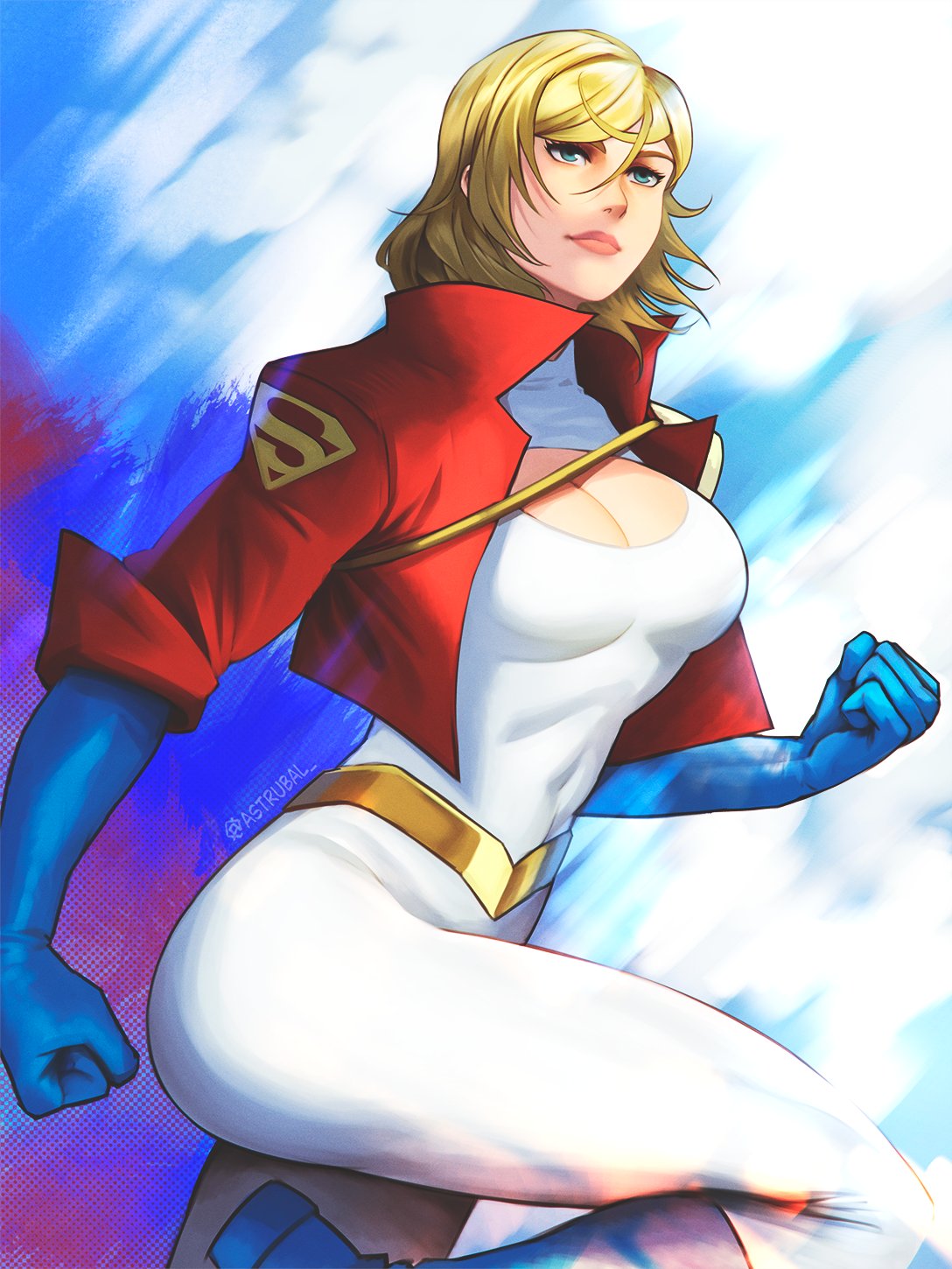 1girl, astrubalart, belt, blonde_hair, blue_boots, blue_gloves, bodysuit, boots