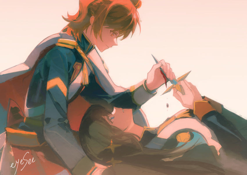 2girls, aijo_karen, artist_name, back_bow, badge, belt, black_hair, bleeding