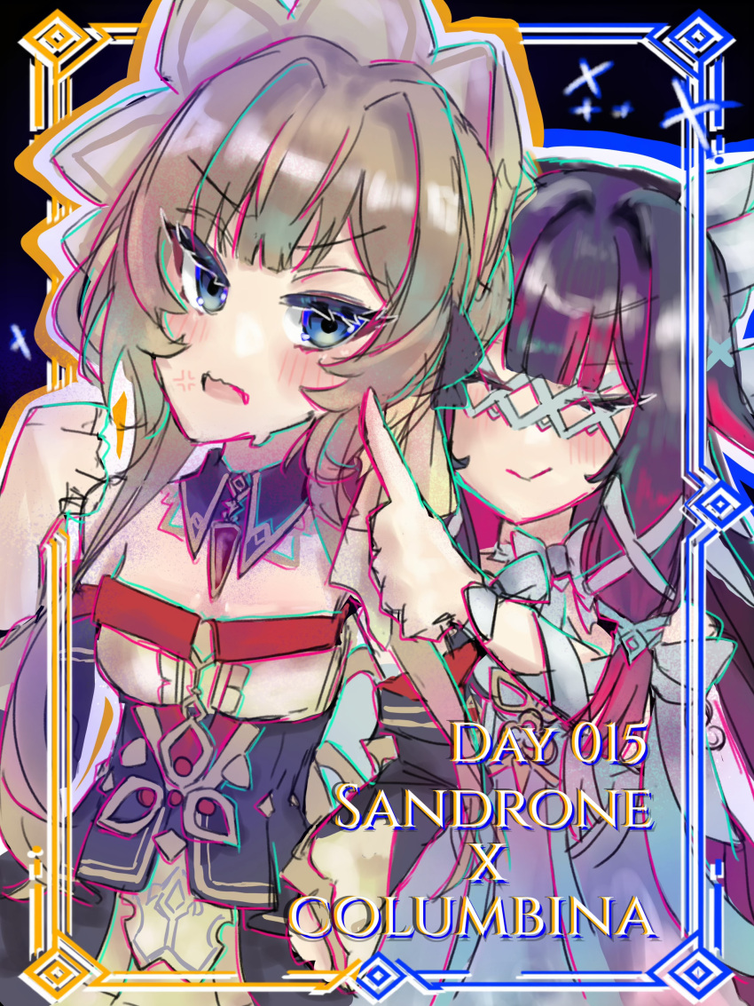 2girls, absurdres, automaton_(object), black_sleeves, bonnet, cheek_poking, columbina_(genshin_impact), commentary_request, eye_mask, genshin_impact, hair_ornament, head_wings, headdress, highres, mask, multicolored_hair, multiple_girls, multiple_wings, poking, purple_streaks, sandrone_(genshin_impact), see-through_clothes, see-through_mask, streaked_hair, u_nikimeta, white_mask, white_wings, wing_hair_ornament, wings