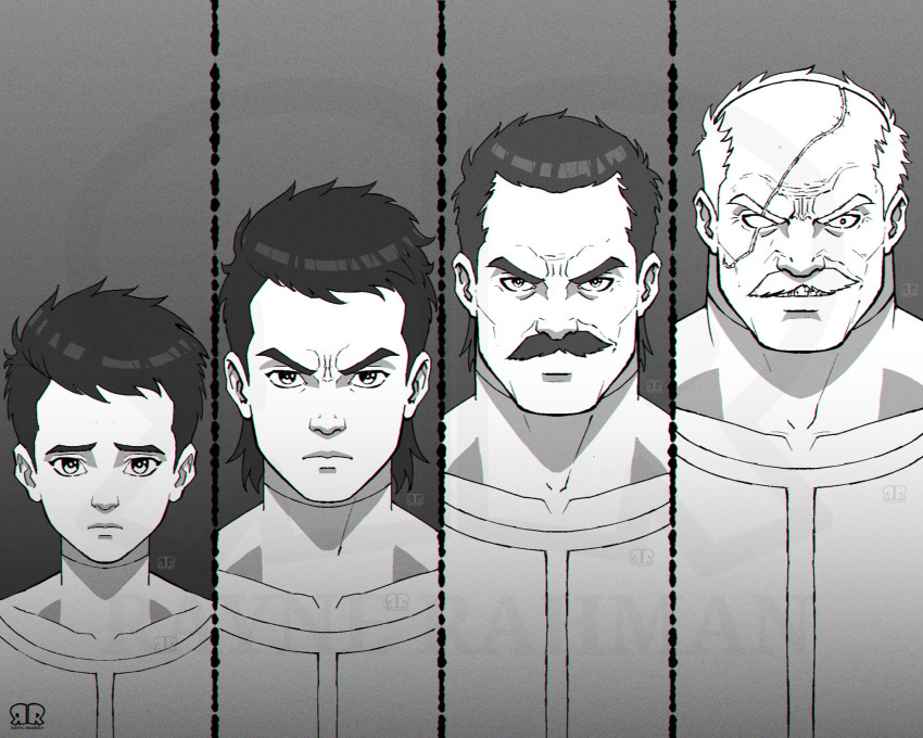 1boy, age_progression, artist_logo, artist_name, balding, black_hair, commentary, conquest_(invincible)