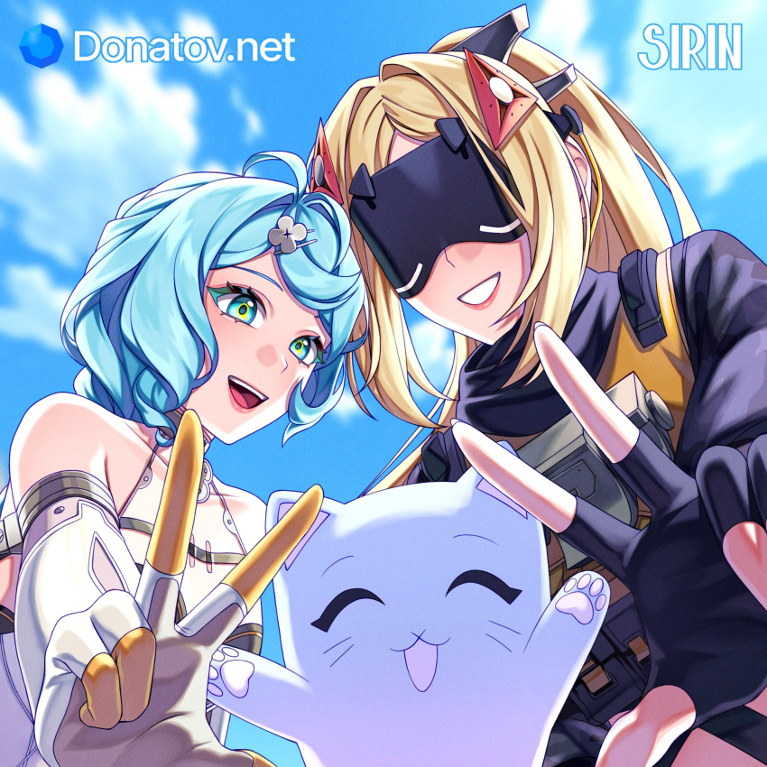 2girls, ahoge, artist_name, bare_shoulders, blindfold_mask, blonde_hair, blue_eyes, blue_hair
