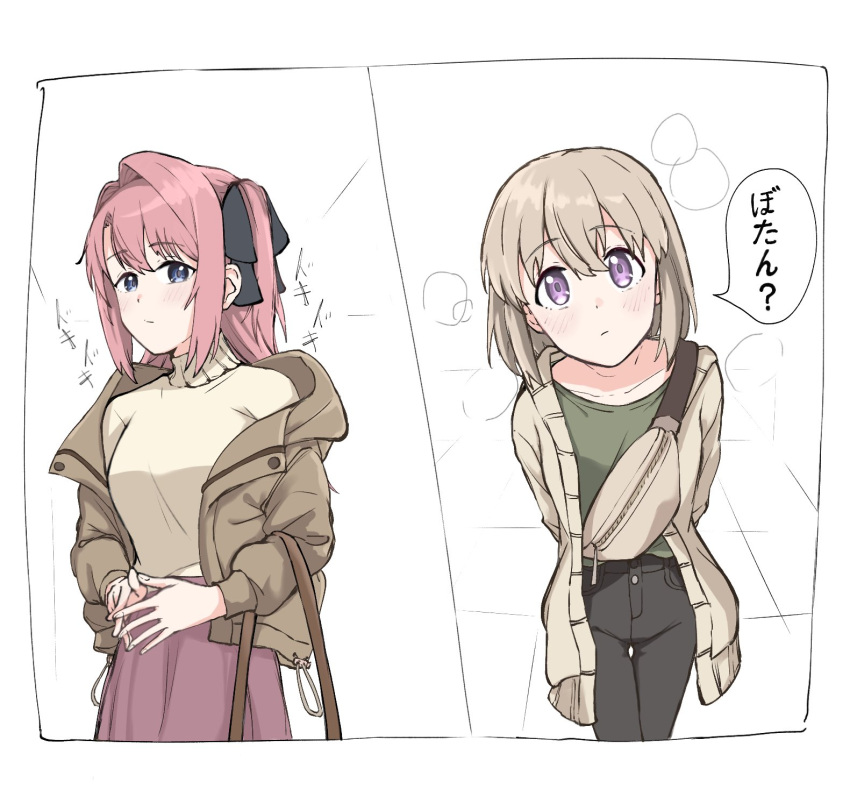 2girls, black_pants, black_ribbon, blue_eyes, blush, brown_jacket, closed_mouth, commentary