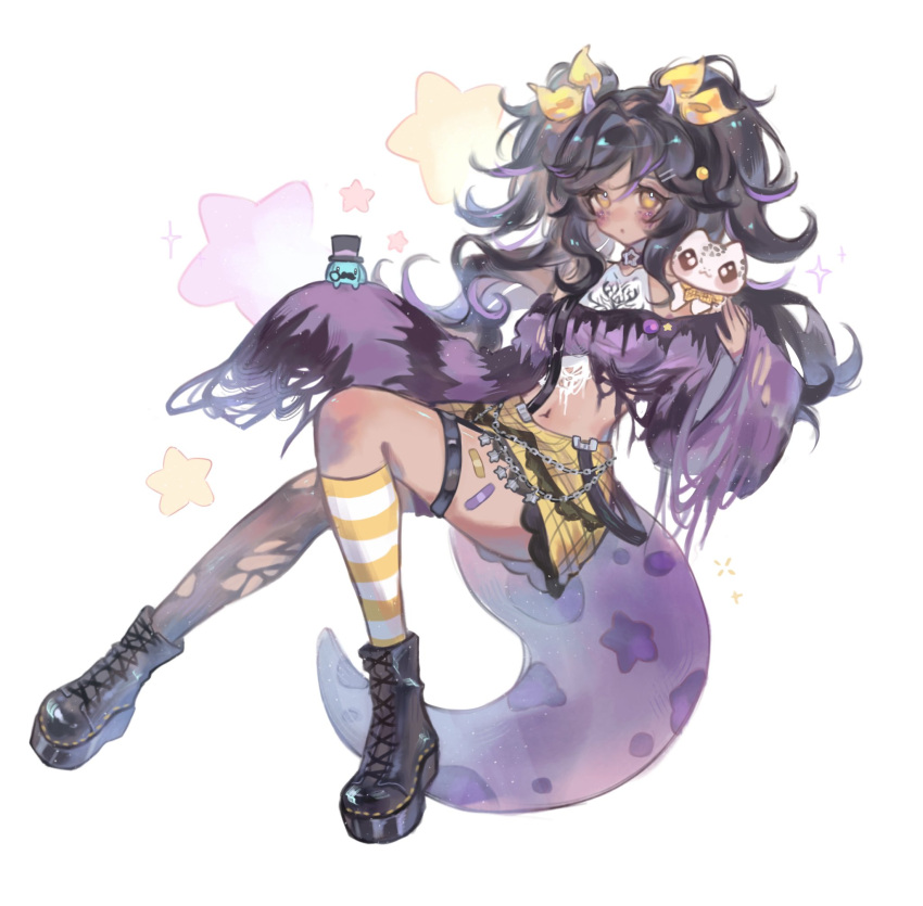 1girl, allie_(ruii_10), animal_on_shoulder, asymmetrical_legwear, bandaid, bandaid_on_leg, black_hair, black_shoes