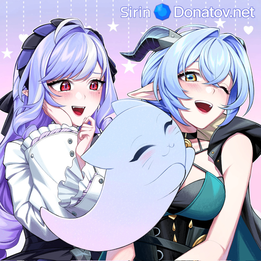 2girls, ahoge, animal_ears, black_unitard, blue_hair, blush, breasts, cat