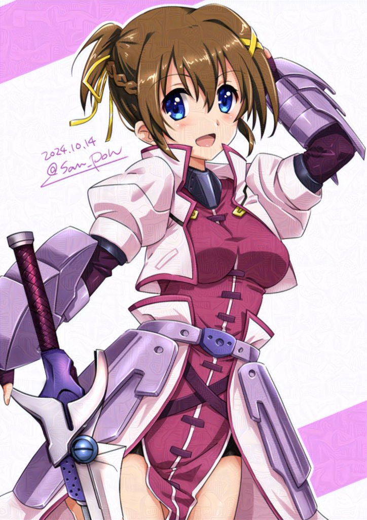 1girl, 2024, :d, arm_behind_head, artist_name, black_gloves, blue_eyes, bob_cut