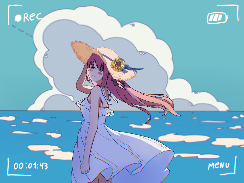 1girl, absurdres, bare_arms, battery_indicator, black_ribbon, blue_eyes, blue_ribbon, blue_sky