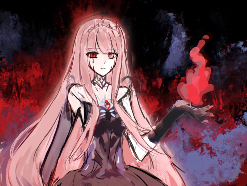 1girl, a_gloomy_start_(shining_nikki), asymmetrical_gloves, aura, black_background, black_choker, black_dress, black_gloves
