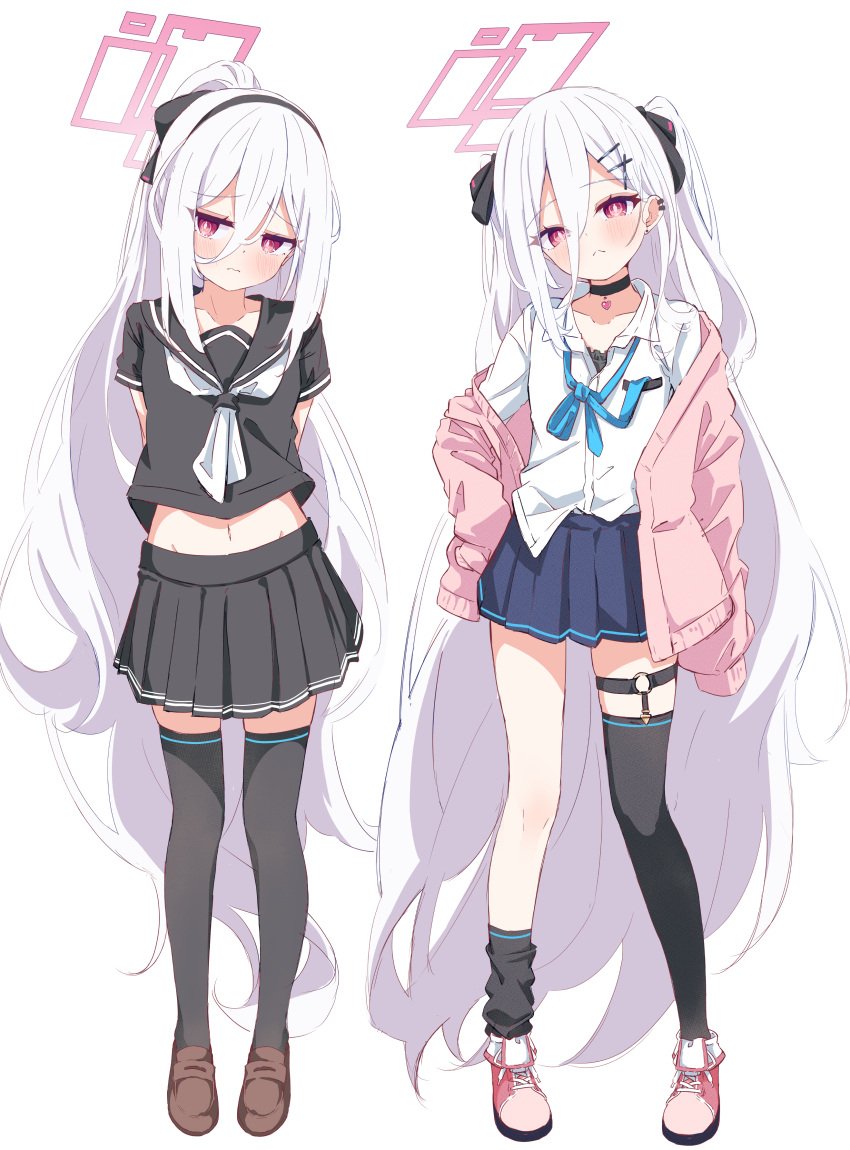 1girl, :<, absurdres, arms_behind_back, asymmetrical_legwear, black_choker, black_hairband, black_sailor_collar