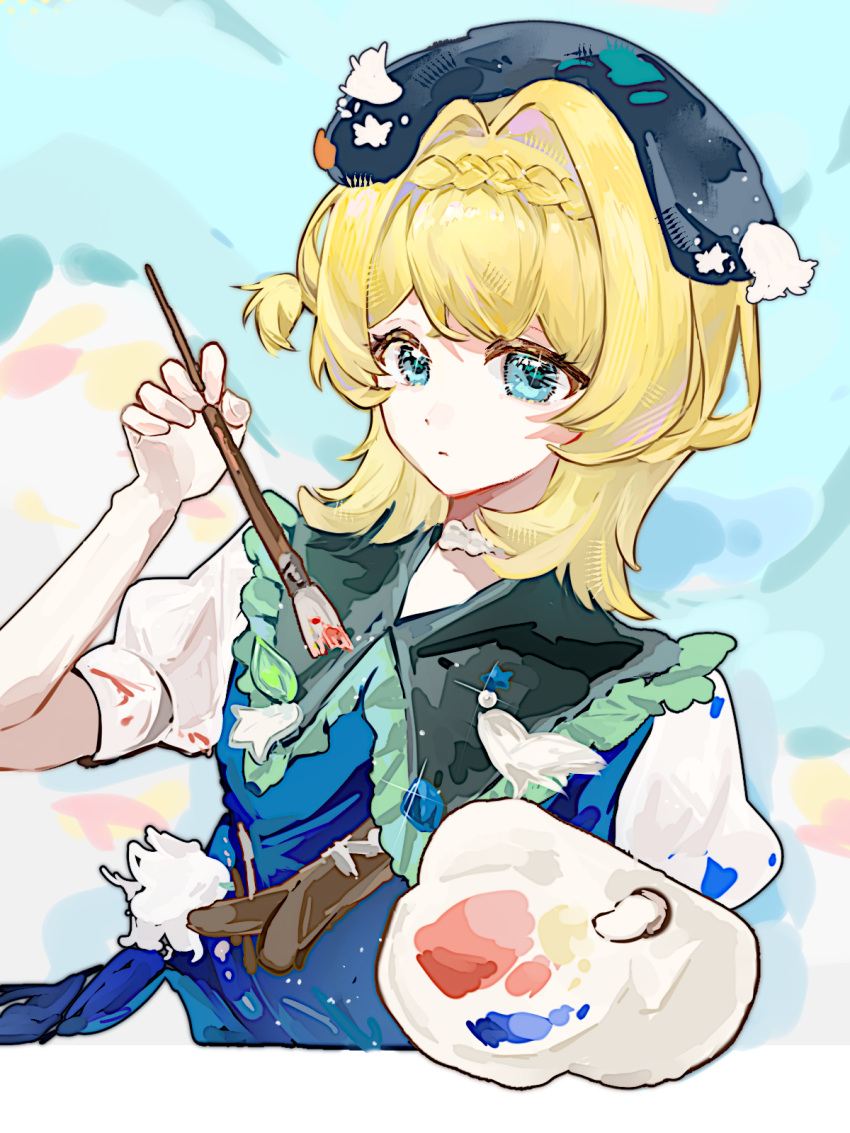 1girl, beret, black_hat, blonde_hair, blue_background, blue_dress, blue_eyes, chinese_commentary